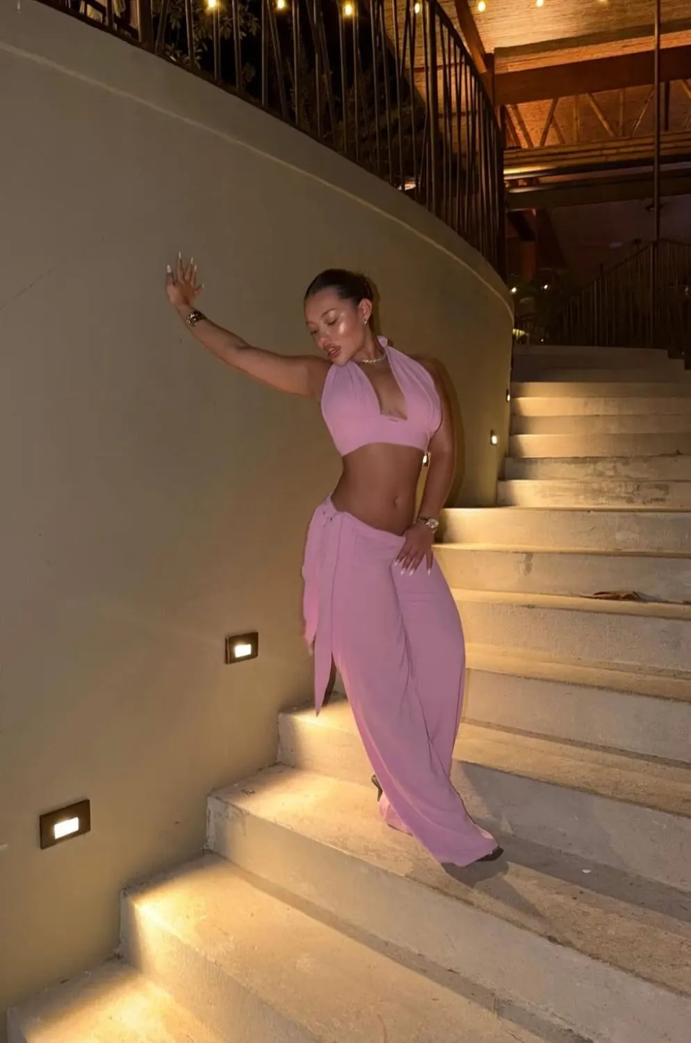 Pink halter top and wide-leg pants